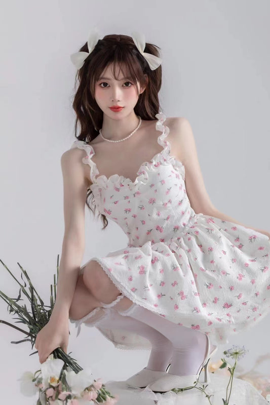 Monet Rose Fairy Floral White Strap Dress