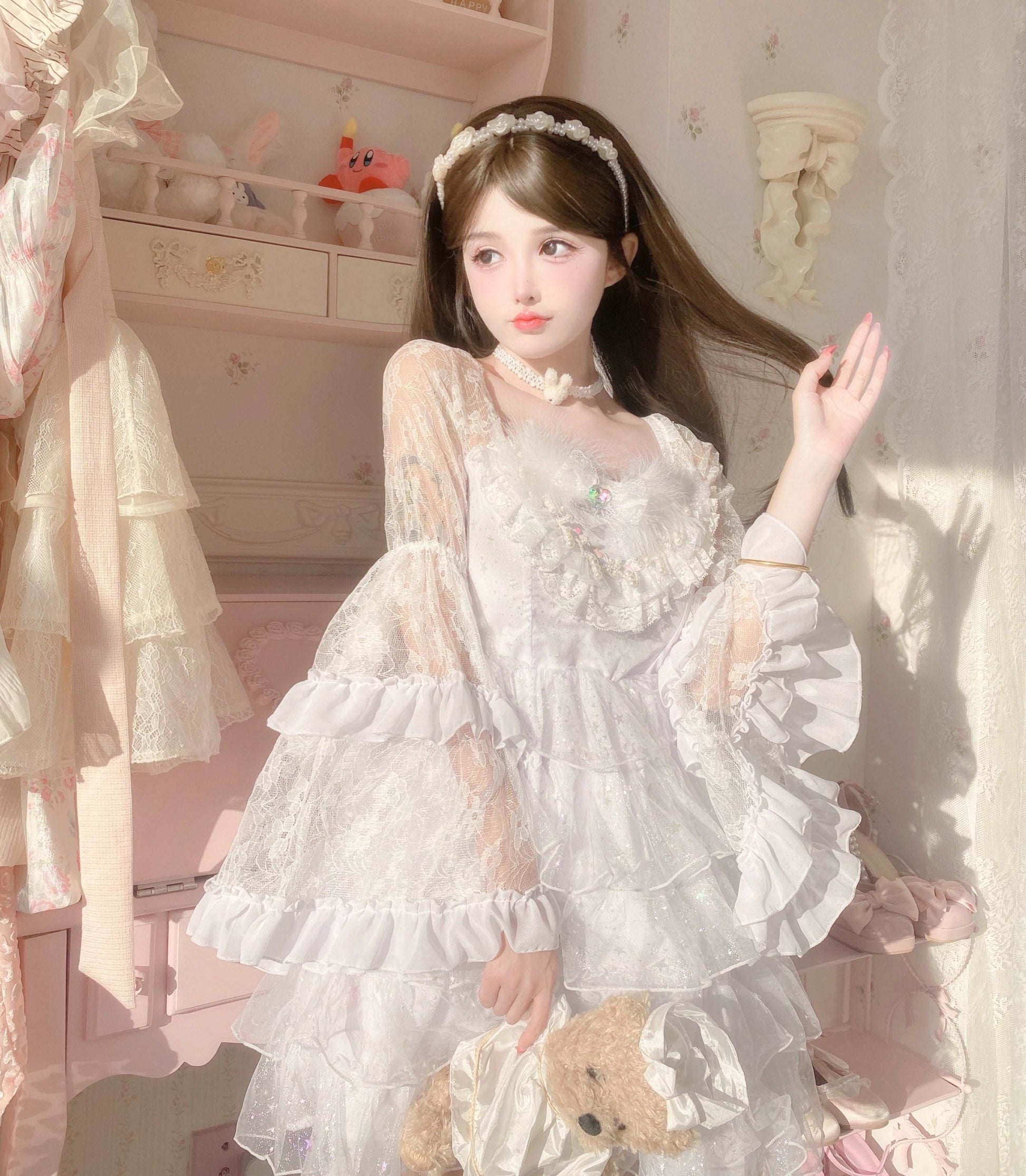 Candy Fairy Feather Fluttering White Angel Princess Ruffled Trumpet Sleeve Dress