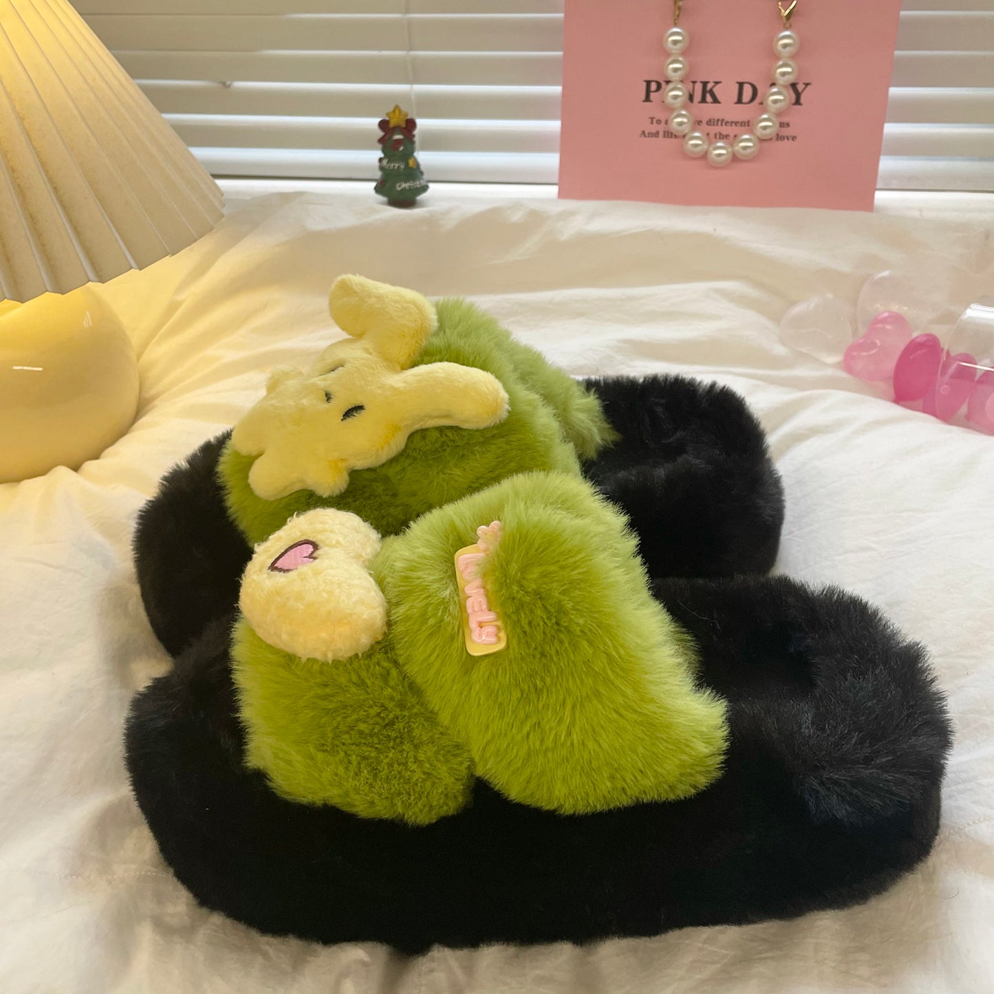 Rabbit Heart Love Decorative Plush Fluff Slippers Shoes