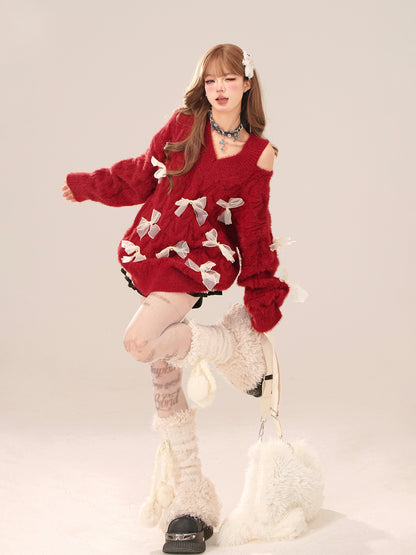 Young Eyes Coquette Bow Fuzzy Knit Red Black Blue V Neck Sweater