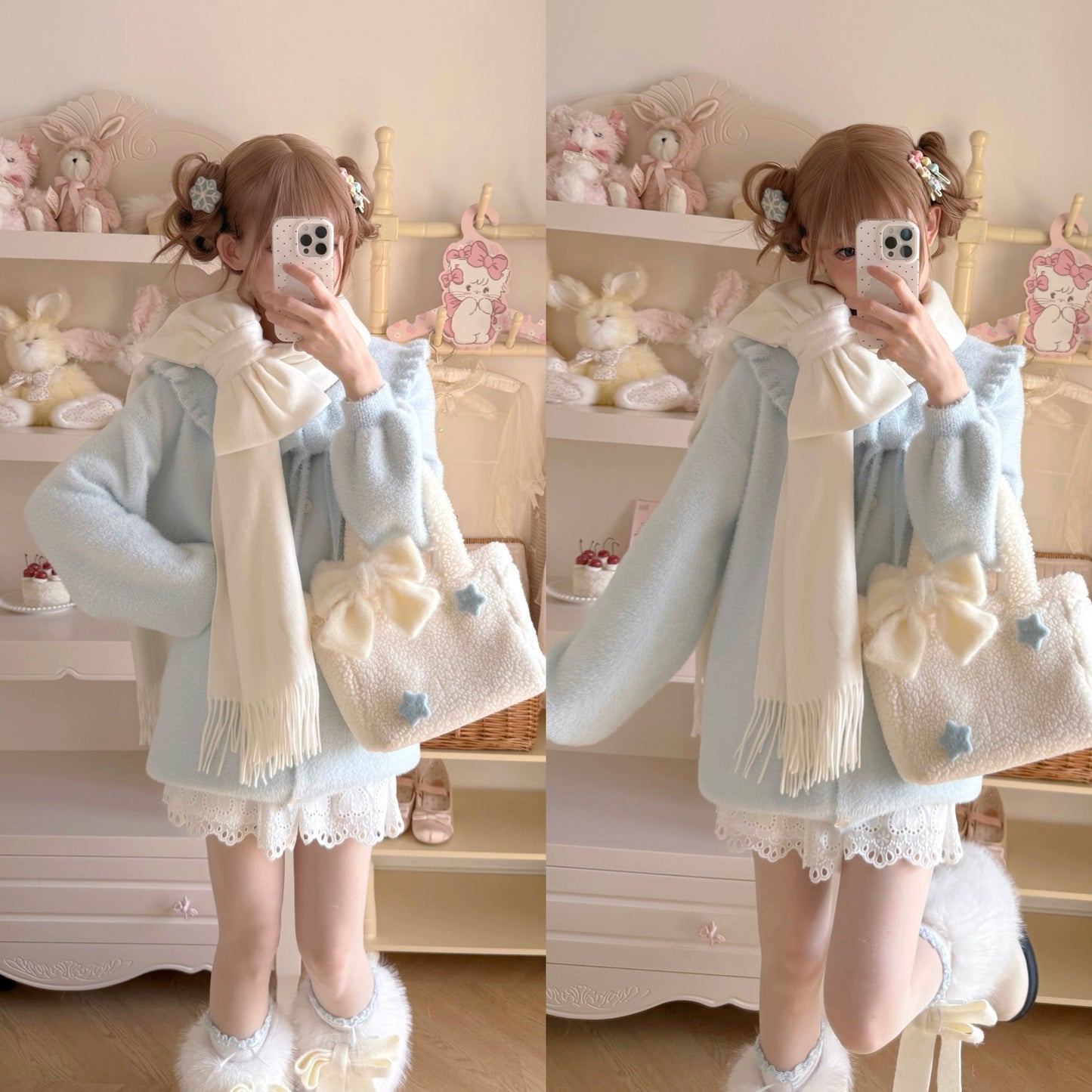 Luyu Soft White Pink Blue Knit Sweater & Skirt & Scarf Three Piece Set