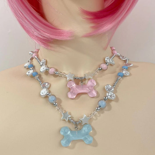 Y2K Dog Bone Stars Pink Blue White Necklaces