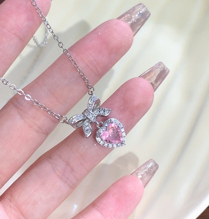 Luxury Pink & Silver Heart Diamond Frame Bow Pendant Necklace