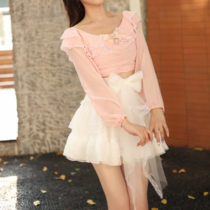 Sweetheart Princess Pink Ruffled Bow Off Shoulder Long Sleeve Shirt