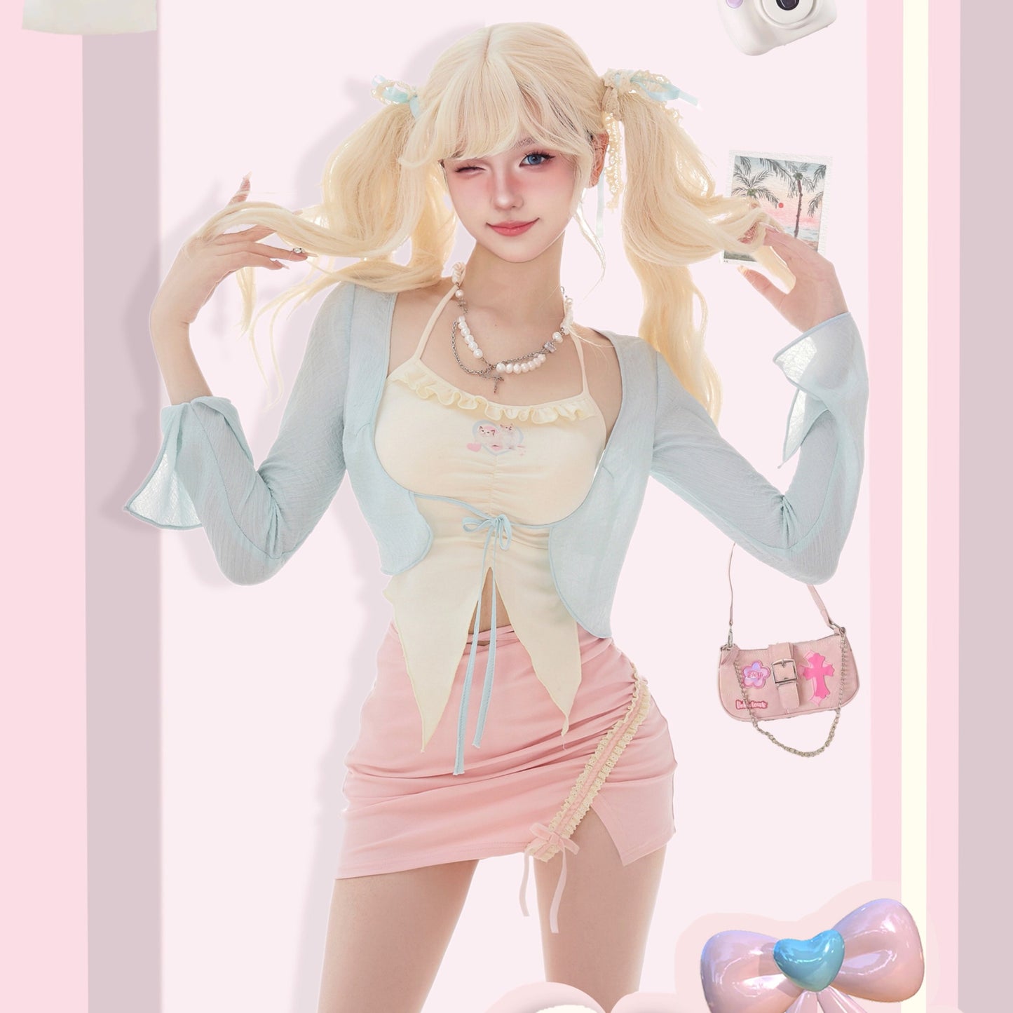 Serendipity Coquette Soft Thin Blue Cardigan & Cat Cream Halter Neck Strap Camisole & Pink Mini Skirt Three Piece Set