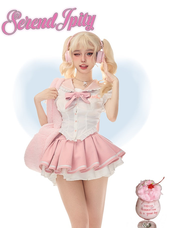 Serendipity Melo Bunny Pink Bow Sailor Collar Seifuku Shirt & Pleated Skirt Two Piece Set