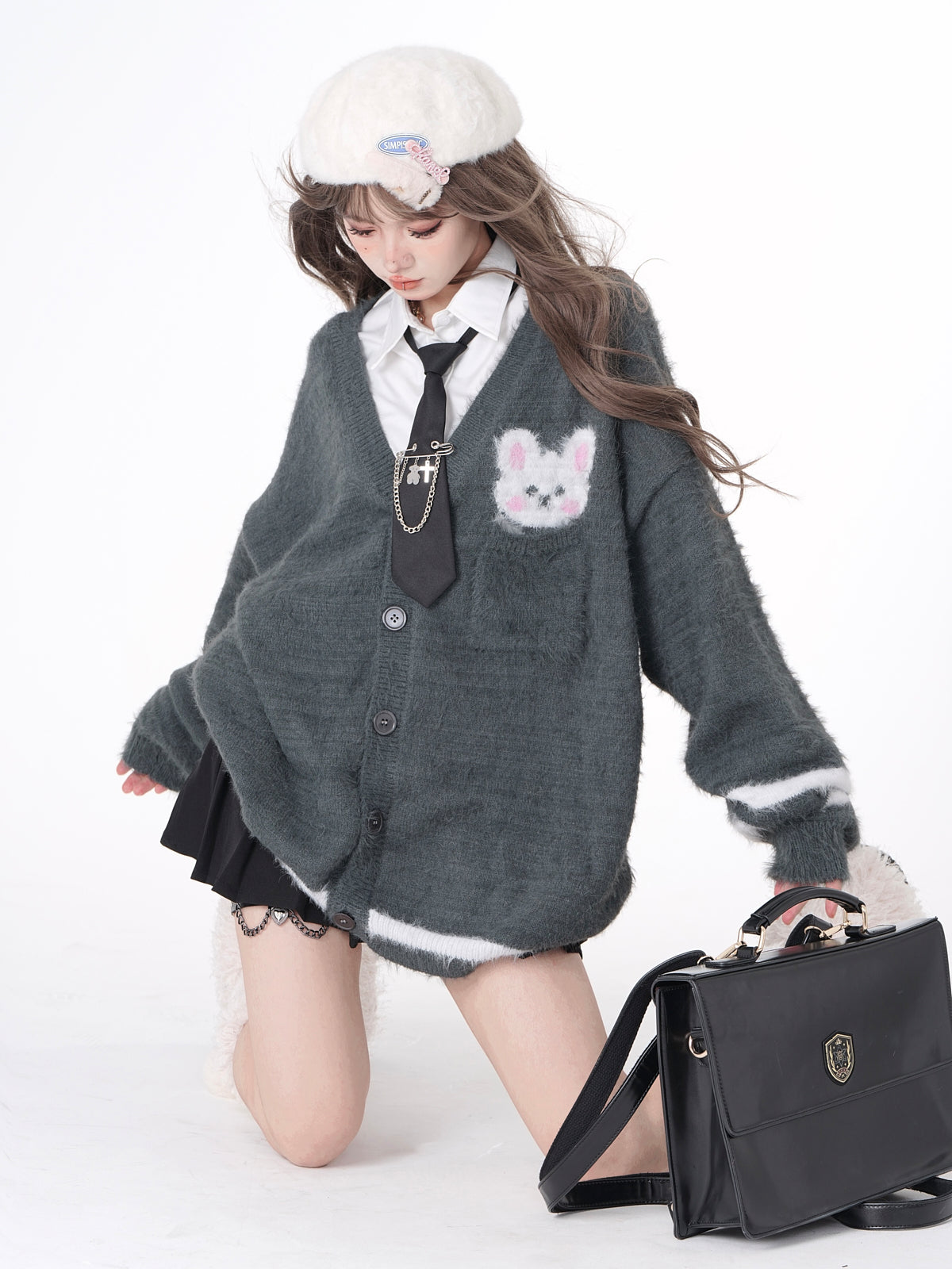 Young Eyes Cute Rabbit Fuzzy Knit Black Gray V Neck Cardigan