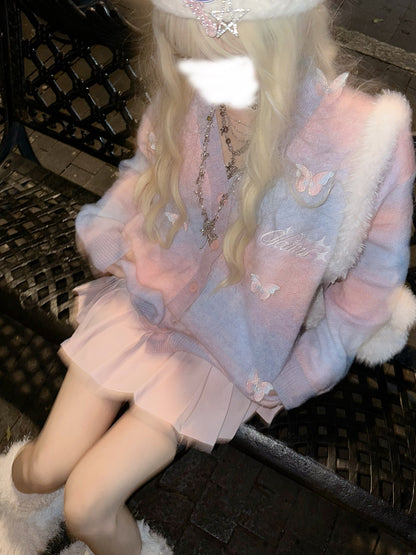 Young Eyes Pastel Blue Pink Striped Butterfly Fuzzy Cardigan