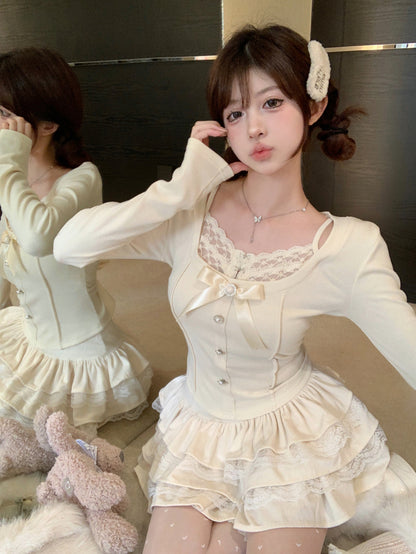 Creamy Sweet Coquette White & Pink Lace Shirt Top Ruffled Skirt Two Piece Set