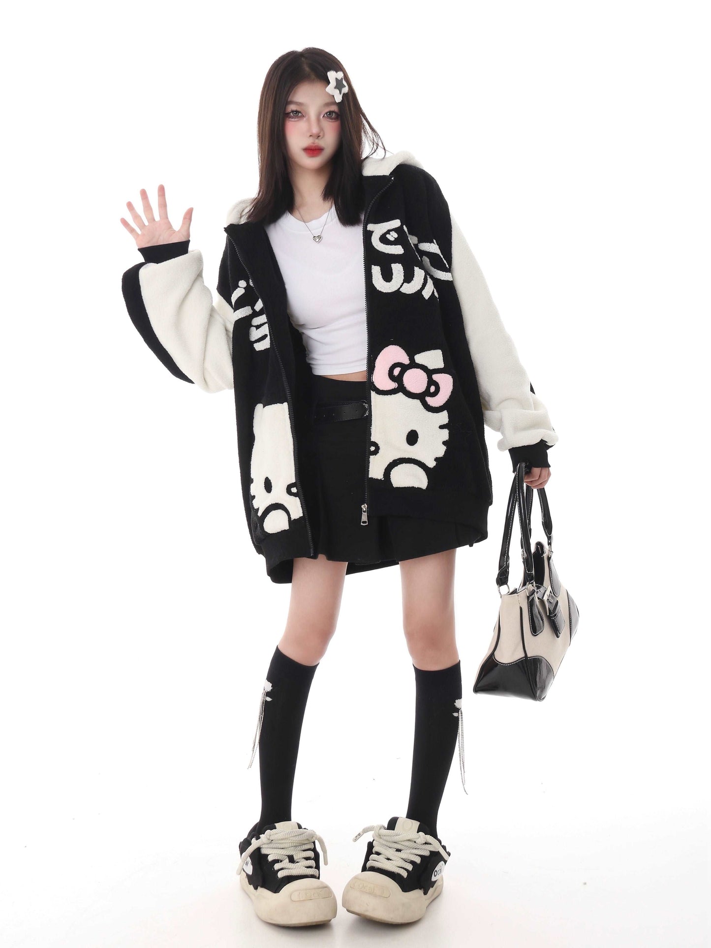 Cute Kitty Cat Pink Black Polar Fleece Y2K Oversize Hoodie Jacket