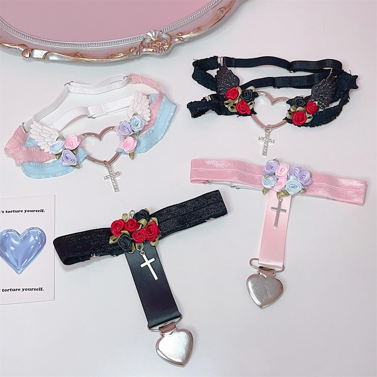 Heart Rose Angel Coquette Pink Blue Black White Thigh Strap Garter