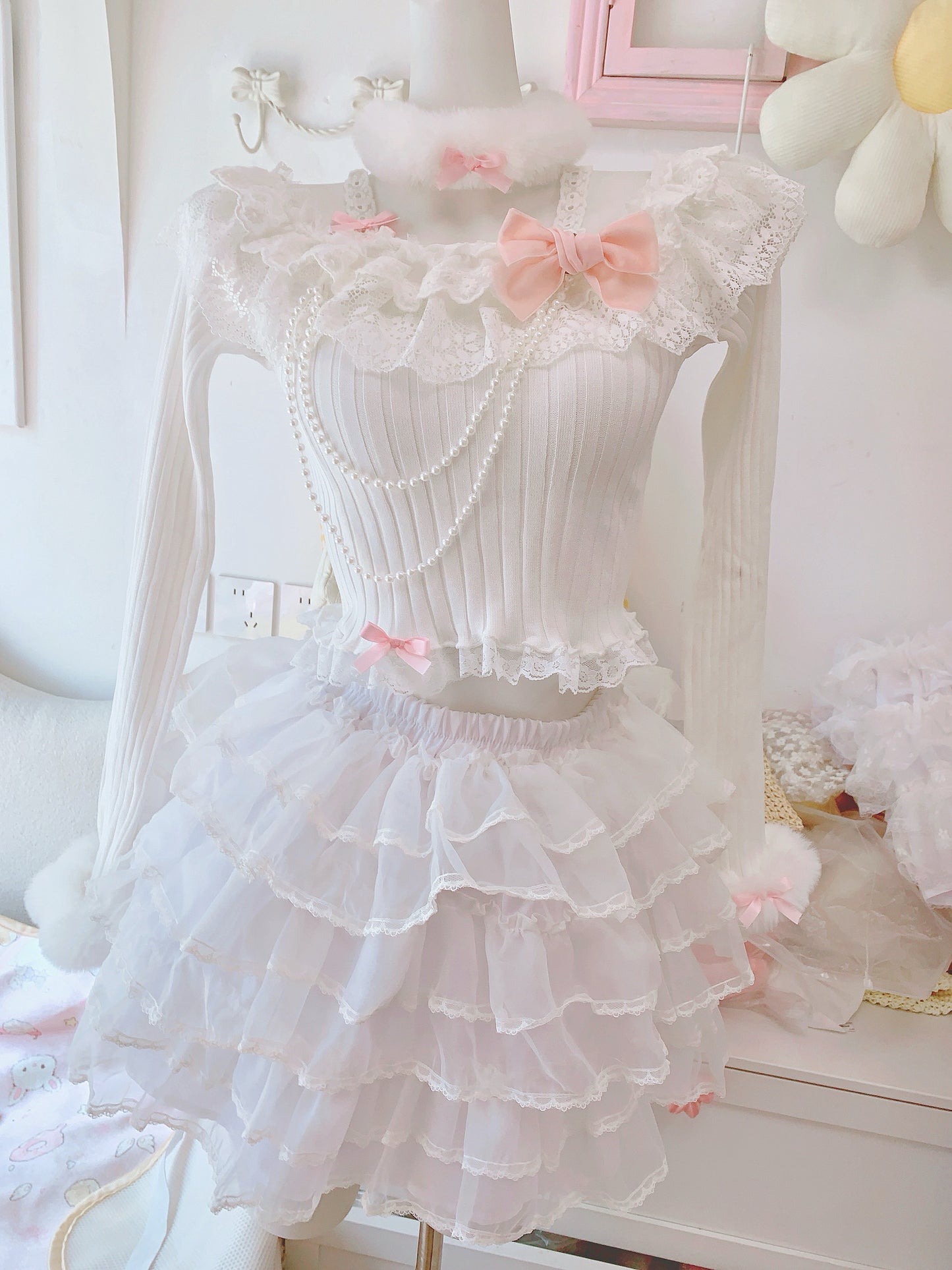 Candy Fairy Pearl Lace White Knit Sweater