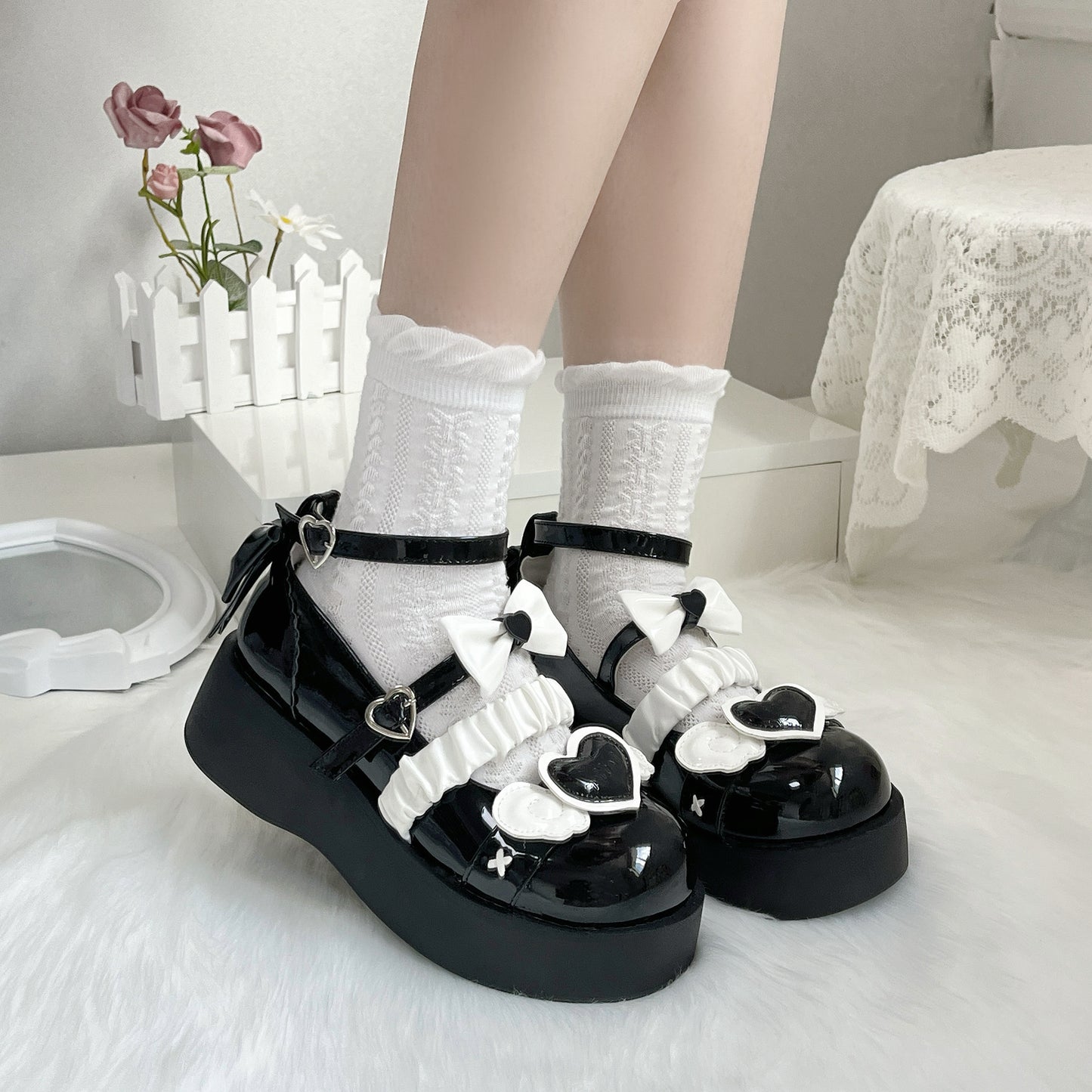 Love Letter Sweet Cupid Lolita Heart Black Pink Blue Beige Mary Jane Shoes