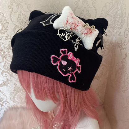 Y2K Goth Punk Handmade Knit Cross Skull Star Bone Cat Ears Winter Hats Beanie