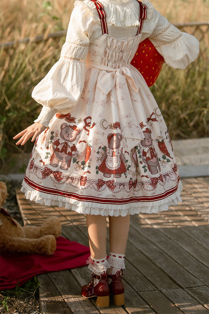 Lolita Teddy Bear Christmas Festive Red White Winter Jacket & Strap Dress Two Piece Set