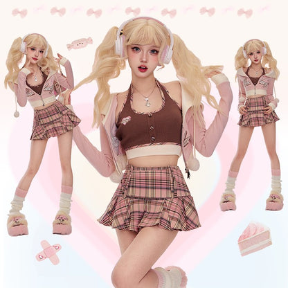 Serendipity Brown Plaid Halter Neck Tank Top & Mini Pleated Skirt & Pink Jacket Three Piece Set