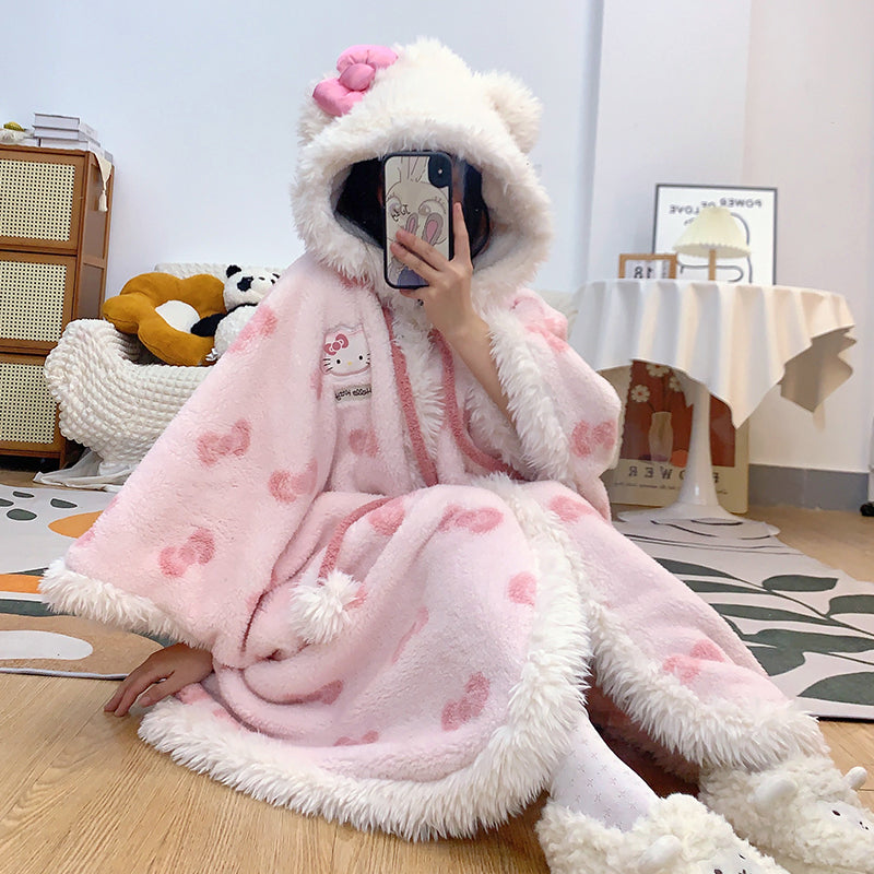 Kawaii Kitty Bow White Pink Winter Pajamas Hooded Bathrobe & Pants Two Piece