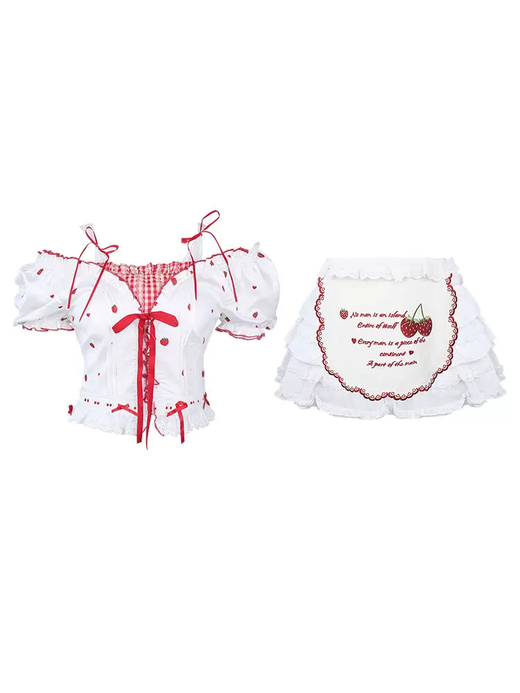 Serendipity Strawberry Mousse Summer White Red Top Skirt Apron Three Piece Set