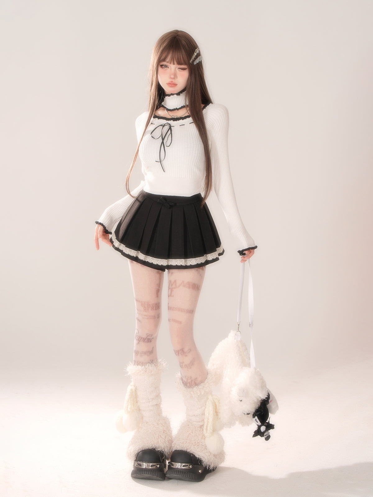 Young Eyes Coquette Bow Lace Collar Gray & White Knit Sweater Top