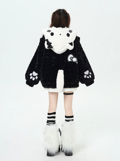 Crazy Girl Plush Party Cat Ears Black White Winter Jacket