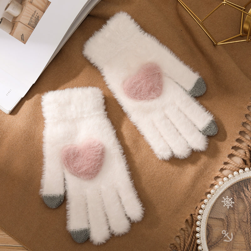 Cute Plush Heart Shaped Pastel Pink White Gray Navy Blue Winter Touchscreen Gloves