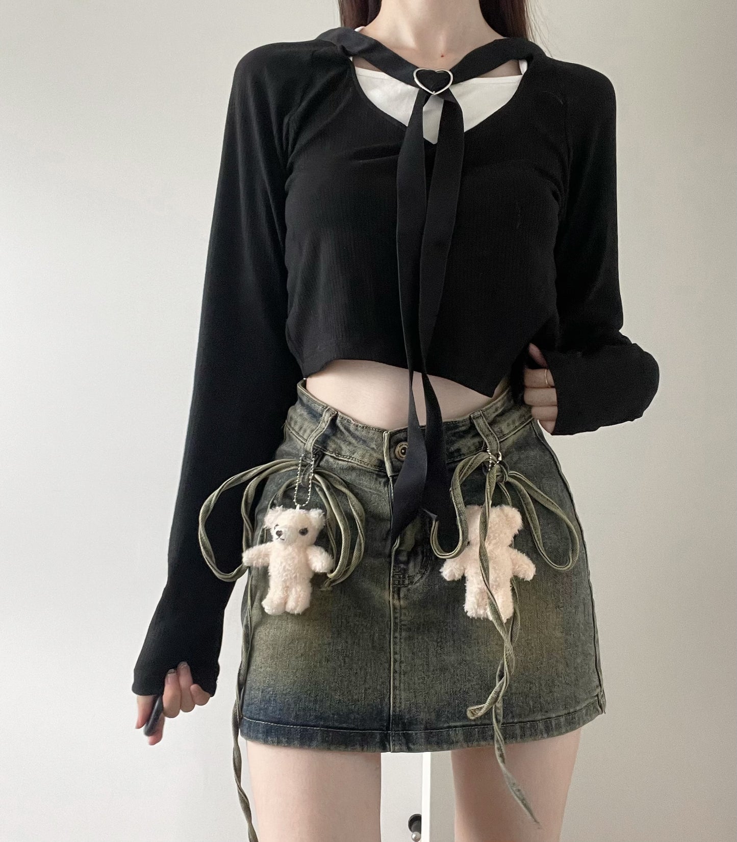 Teddy Bear Doll Grunge Y2K Dirty Wash Denim Short Skirt