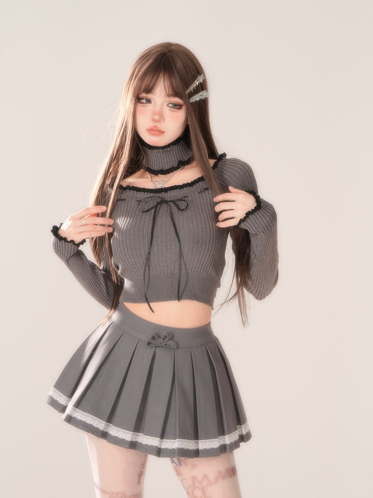 Young Eyes Coquette Bow Lace Collar Gray & White Knit Sweater Top