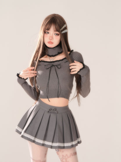 Young Eyes Coquette Bow Lace Collar Gray & White Knit Sweater Top