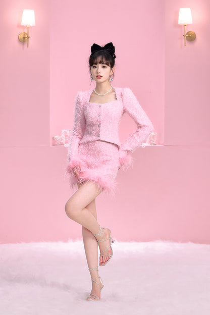 Winter Elegant Sweet Pink Feather Jacket Mini Skirt Two Piece Set