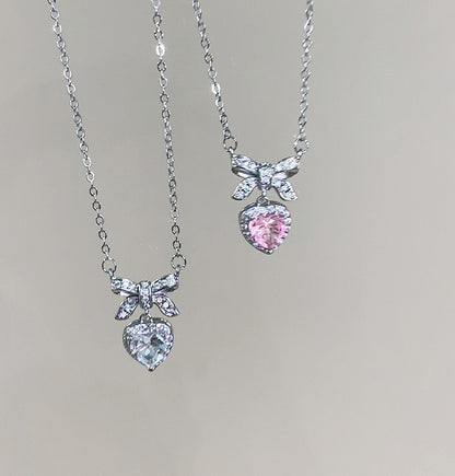 Luxury Pink & Silver Heart Diamond Frame Bow Pendant Necklace