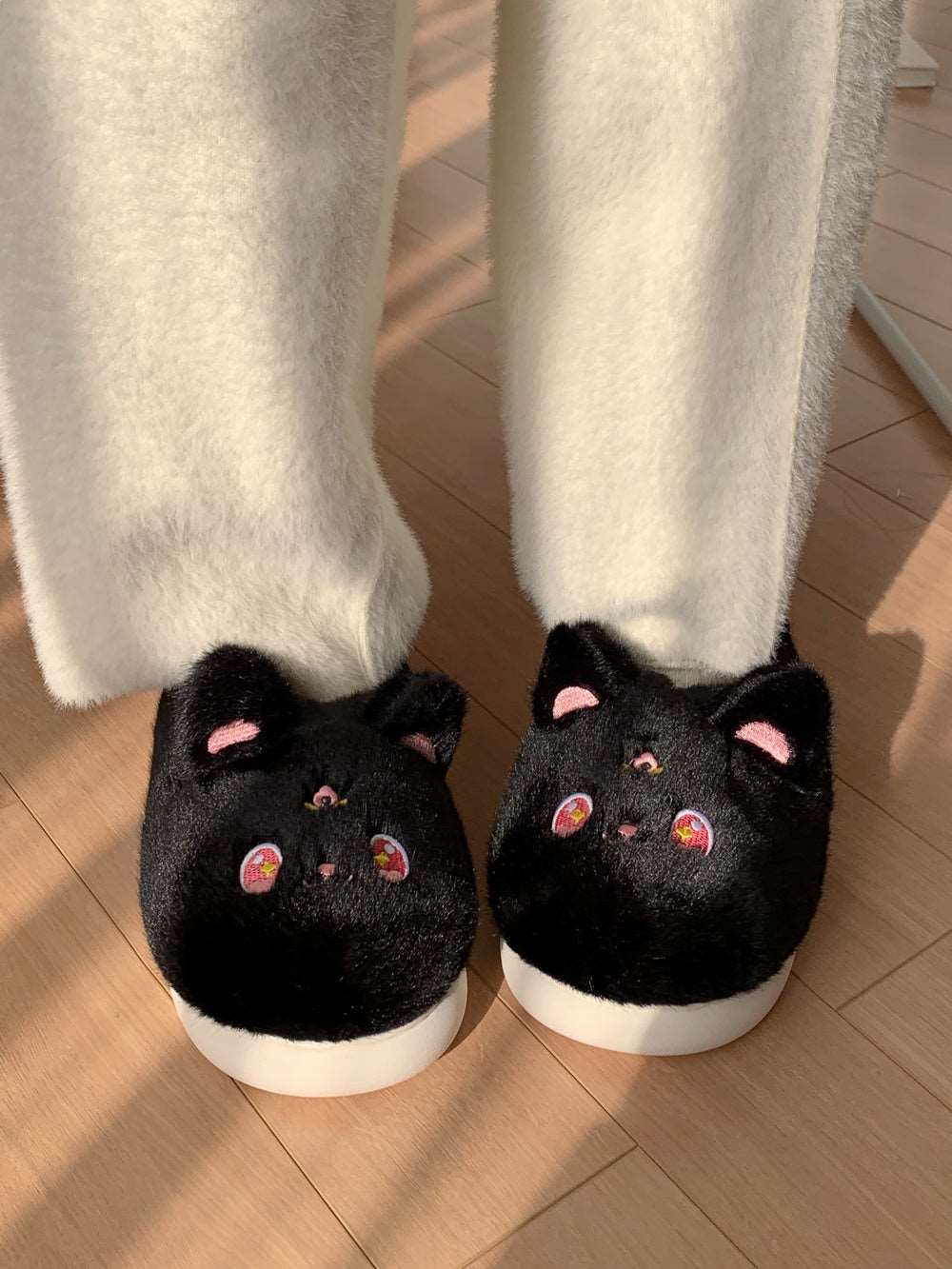 Anime Magical Girl Cute Black White Cat Luna Moon Winter Thick Plush Slippers Shoes