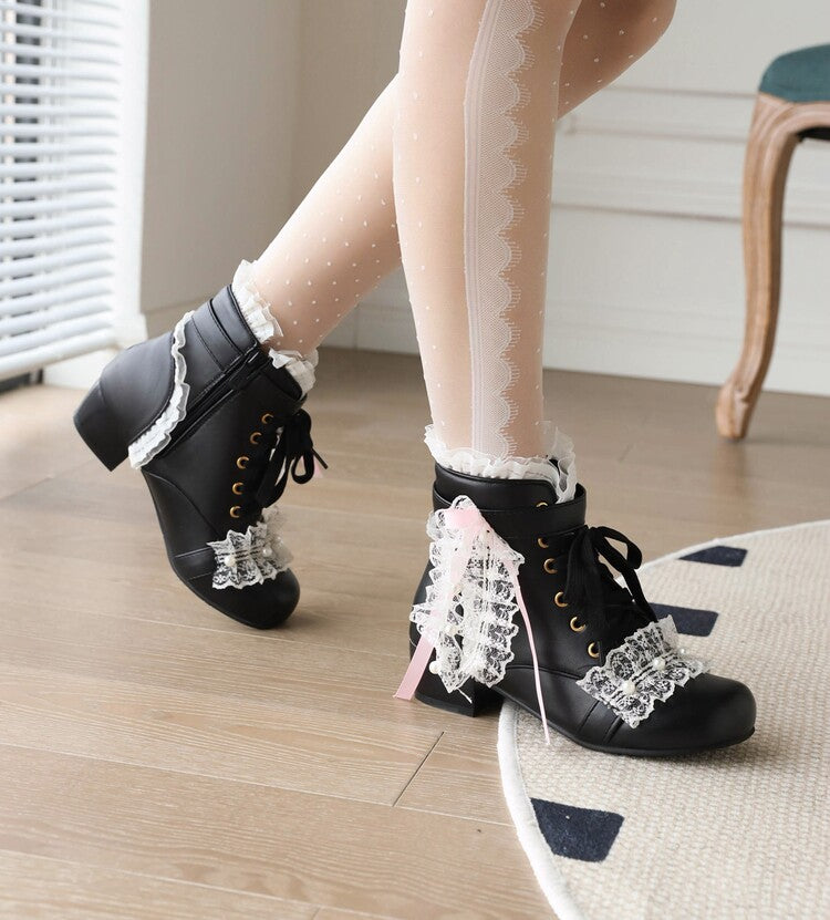 Princess Ribbon Lace Pink Black White Winter Zip Up Little High Heels Boots