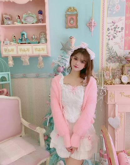 Sweetheart Princess Mohair Plush Pink Rose Lace Knit Sweater Cardigan