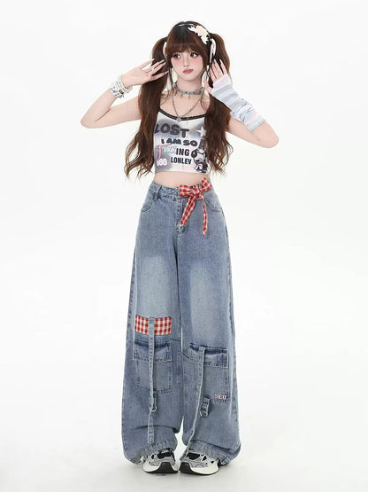 Crazy Girl Country Girl Red Plaid Blue Denim Baggy Pants