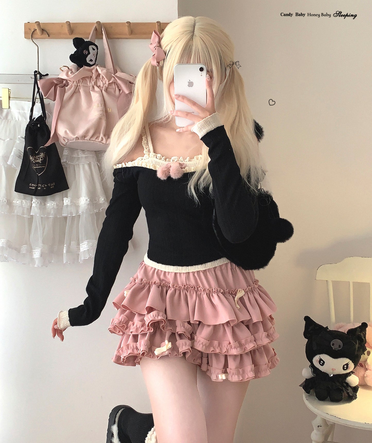 Dormir Doll Pompom Fur Balls Coquette Lace Sweater Cream Black Shirt Top