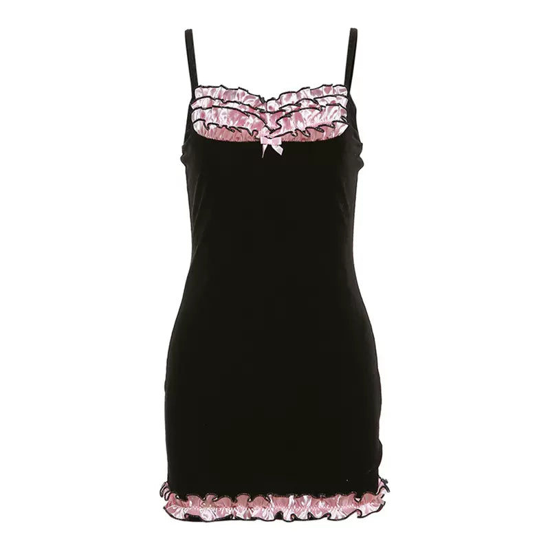 Coquette Pink Lace Velvet Bodycon Strap Little Black Dress