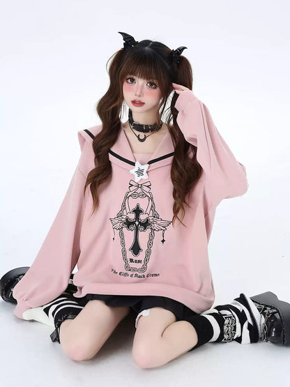 Crazy Girl Holy Cross Sailor Collar Pink Black Sweatshirt