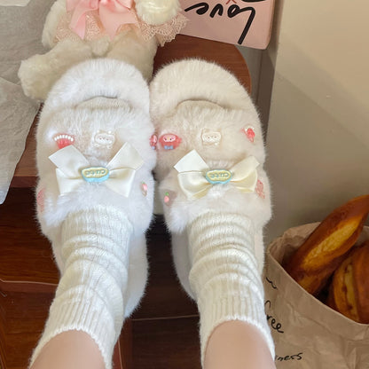 Decorative Cartoon Bow White Plush Fluff Slippers Shoes