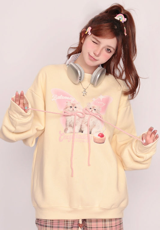 Bubblegum Autumn Cute Cat Kitten Pink Bow Yellow Sweatshirt