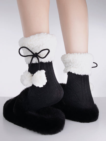 Winter Floor Knit White Beige Brown Gray Black Pompom Balls Socks