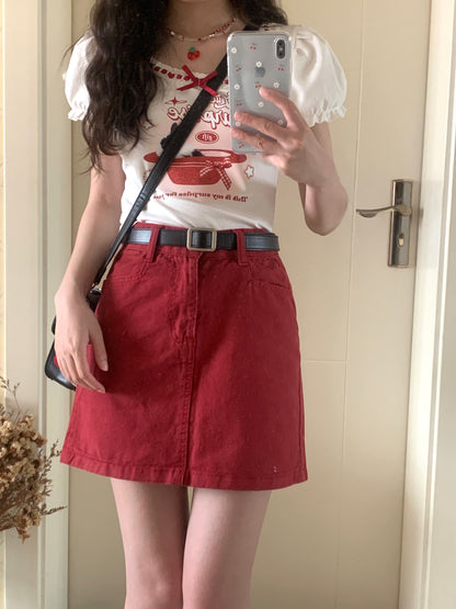 Serendipity Summer Lucky Rabbit Puff Sleeve Shirt & Red Mini Skirt Two Piece Set