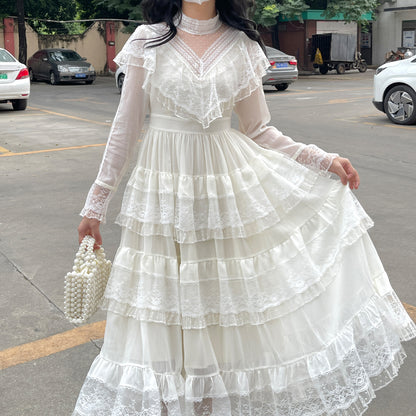 Ruellia Fall Fairy White Lace Mesh Long Sleeve Ruffled Layared Cake Dress