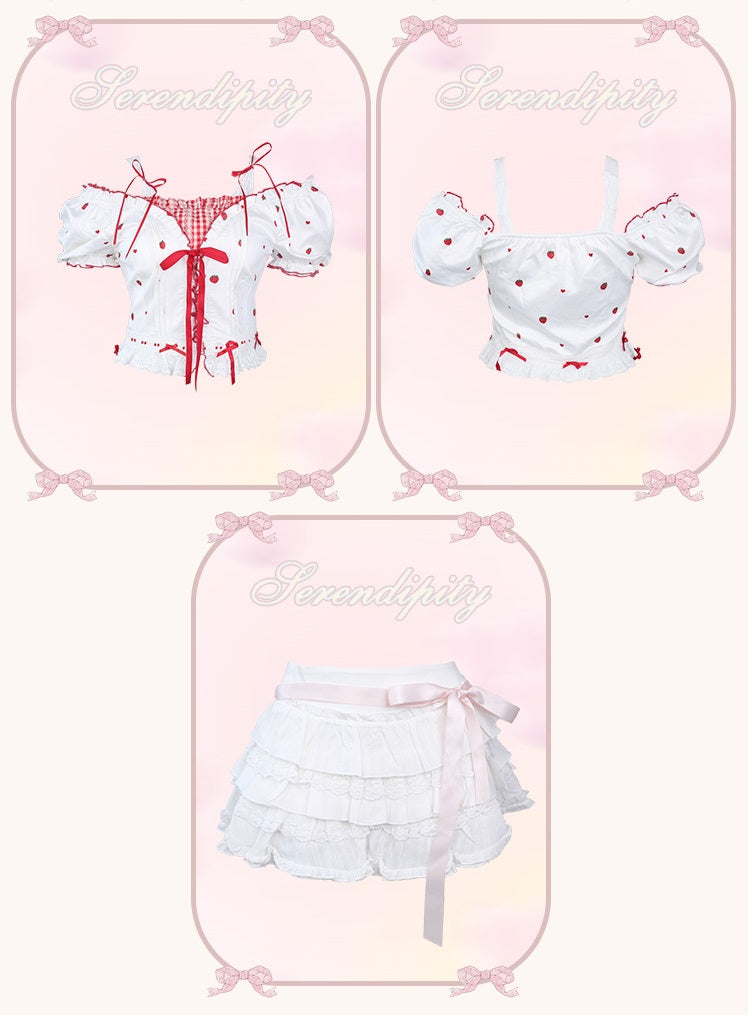 Serendipity Strawberry Mousse Summer White Red Top Skirt Apron Three Piece Set