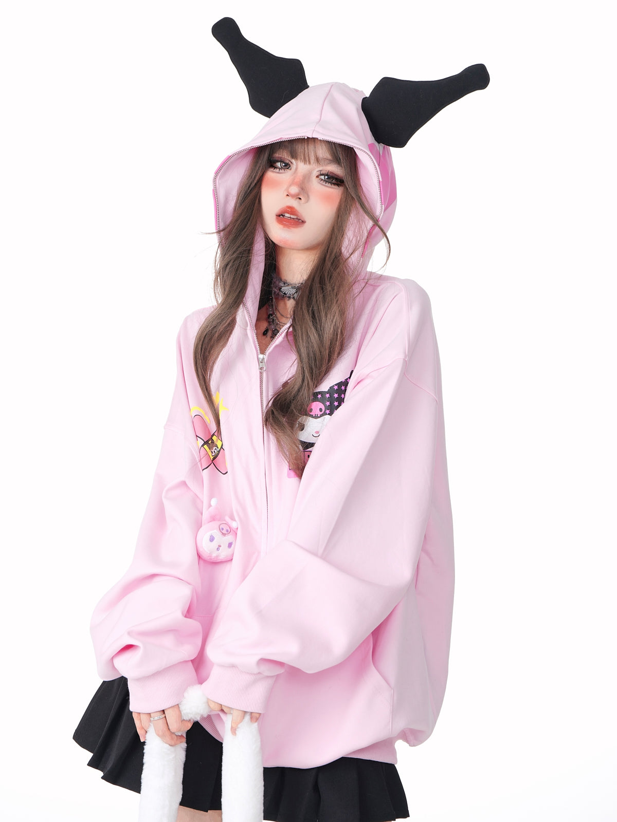 Young Eyes Purple Devil Cartoon Black Pink Alien Ears Oversize Hoodie