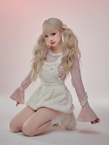 Serendipity Winter Peach Pink Sweater Top & Fur Plush White Suspender Dress Two Piece Set