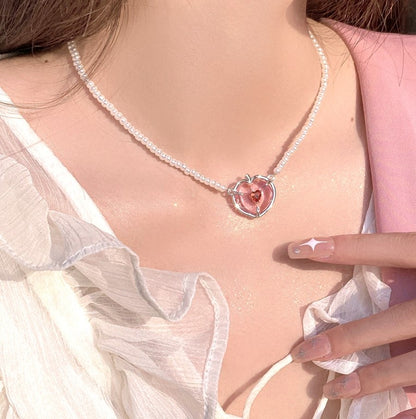 Luxury Peach Pink Diamond Pearl Pendant Necklace