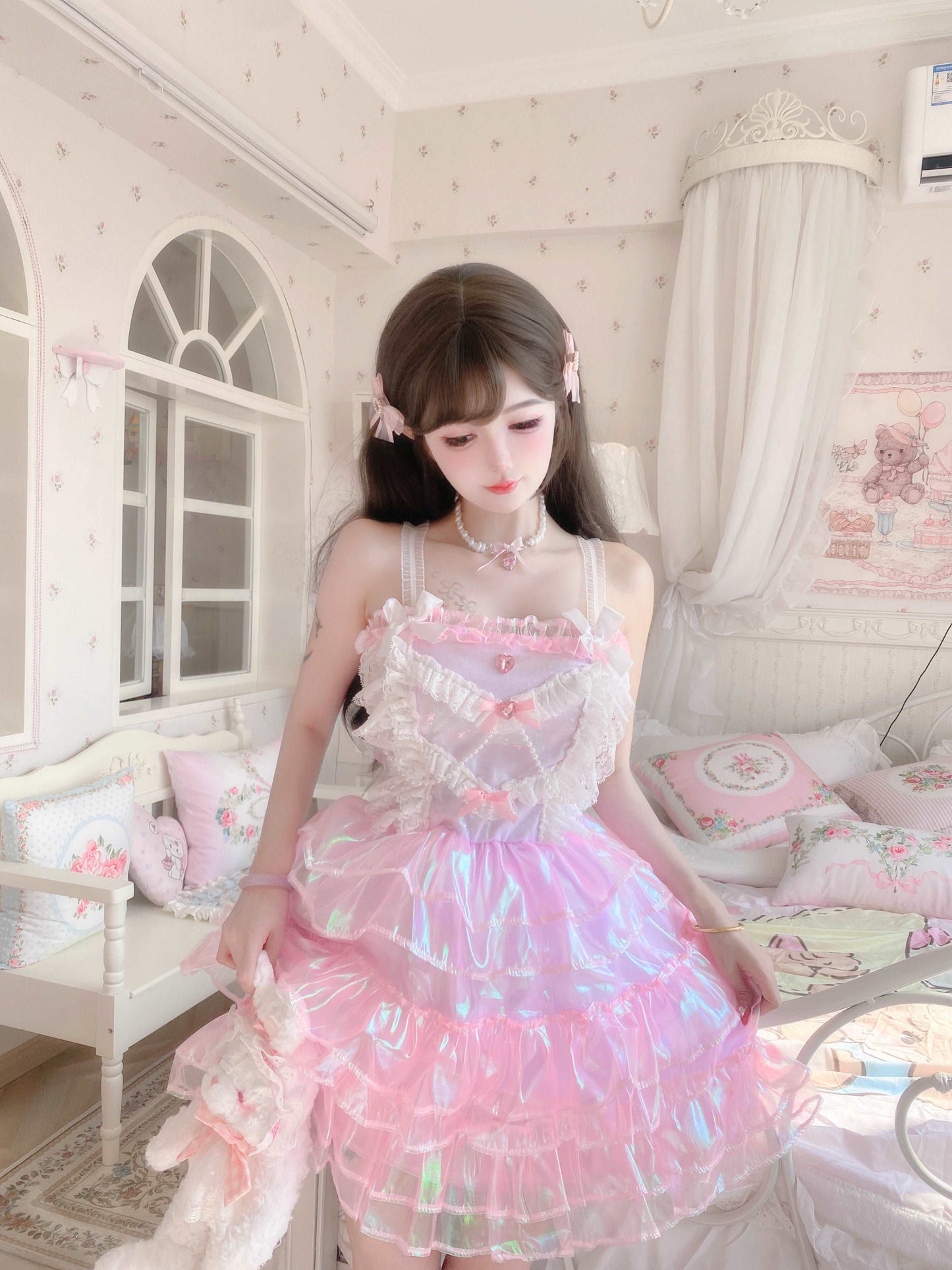 Candy Fairy Sweet Pink Princess Party Sparkling Ruffled Layered Dress