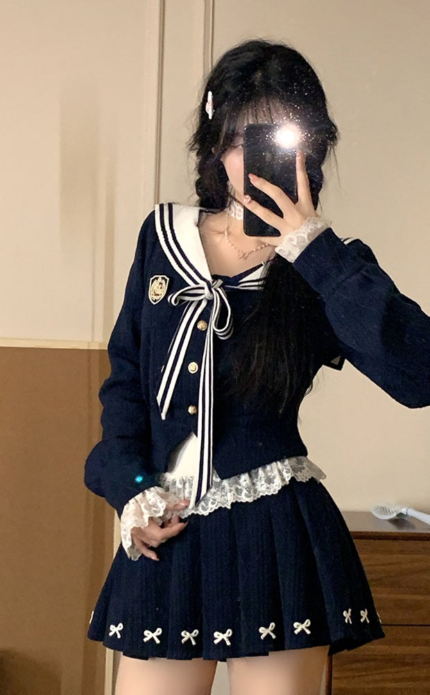 Creamy Sweet Manhwa Navy Blue Sailor Collar Sweater & Skirt Two Piece Set