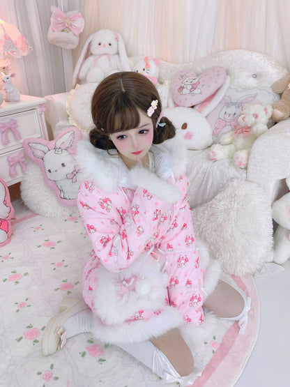 Candy Fairy Sweetie Melody Cartoon Pink Fur Plush Velvet Thick Puffer Jacket Coat