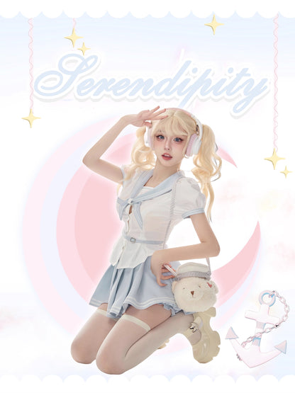 Serendipity Summer Voyager Blue Seifuku Sailor Collar Shirt Top & Skirt Two Piece Set